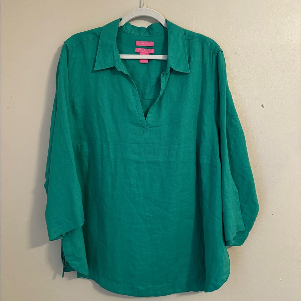 Isaac Mizrahi Green Linen 3/4 Sleeve Shirt